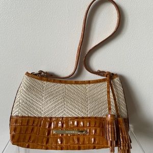 New BRAHMIN handbag bag woven ivory straw and leather croc embossed tassels VTG